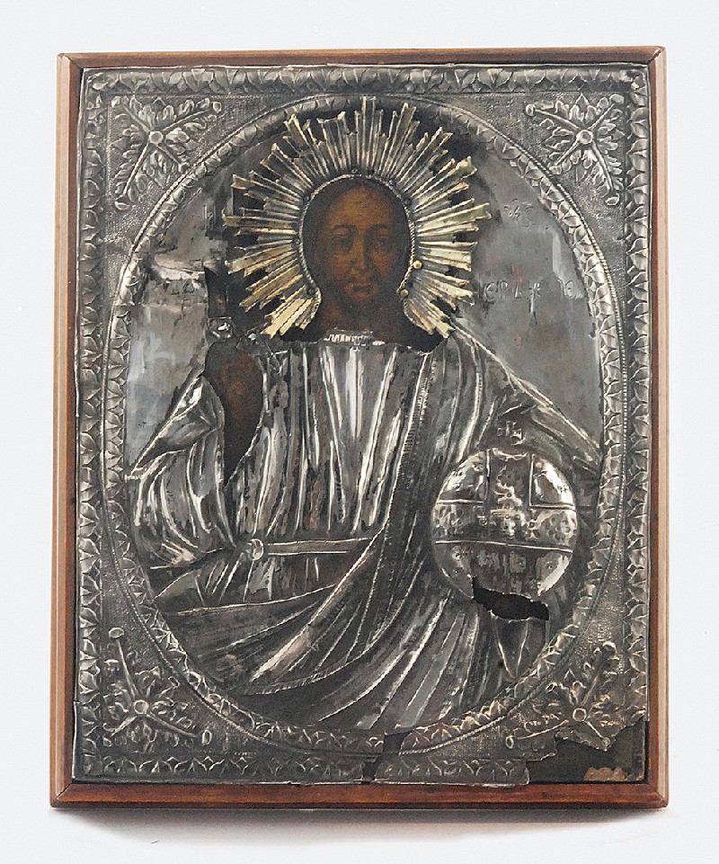  Ikona - Chrystus Pantokrator, w okładzie srebrnym
