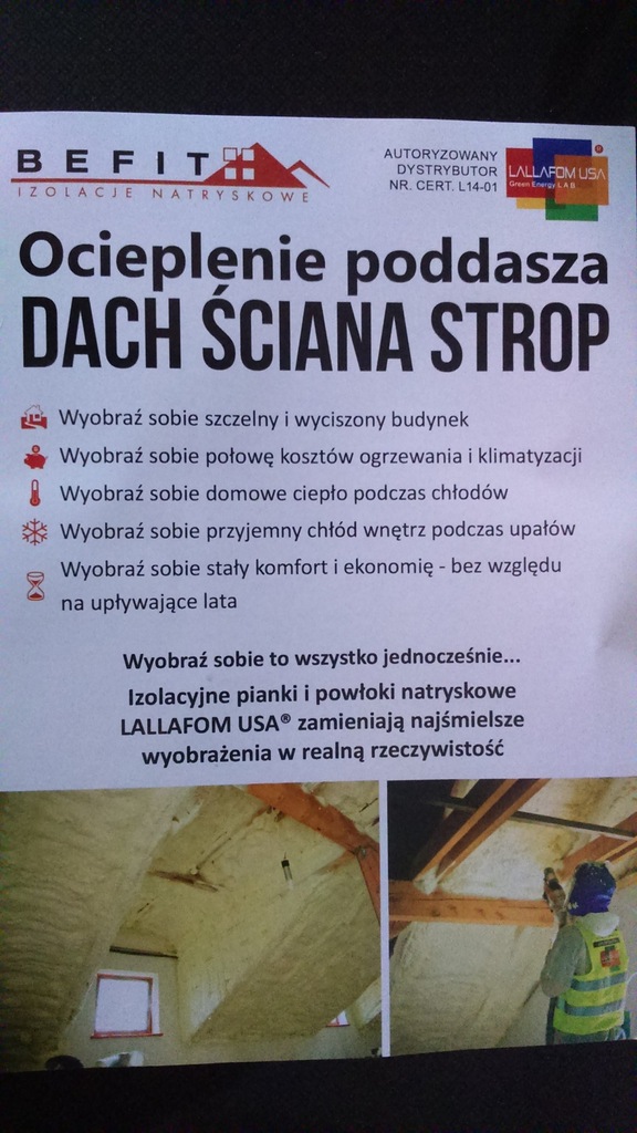 Ocieplenie poddasza pianą, izolacja, Lallafom USA