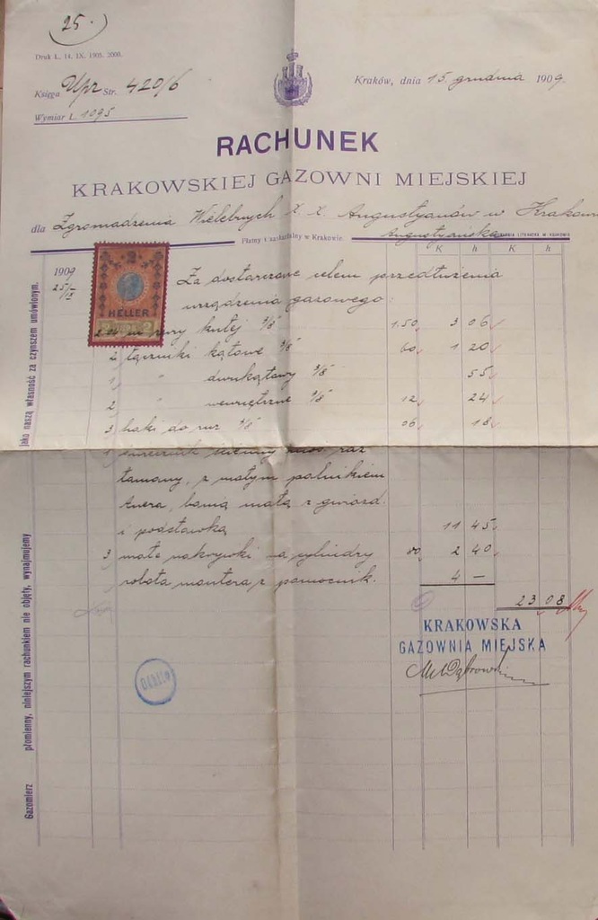 [ GAZ ] RACHUNEK GAZOWNI MIEJSKIEJ .1909