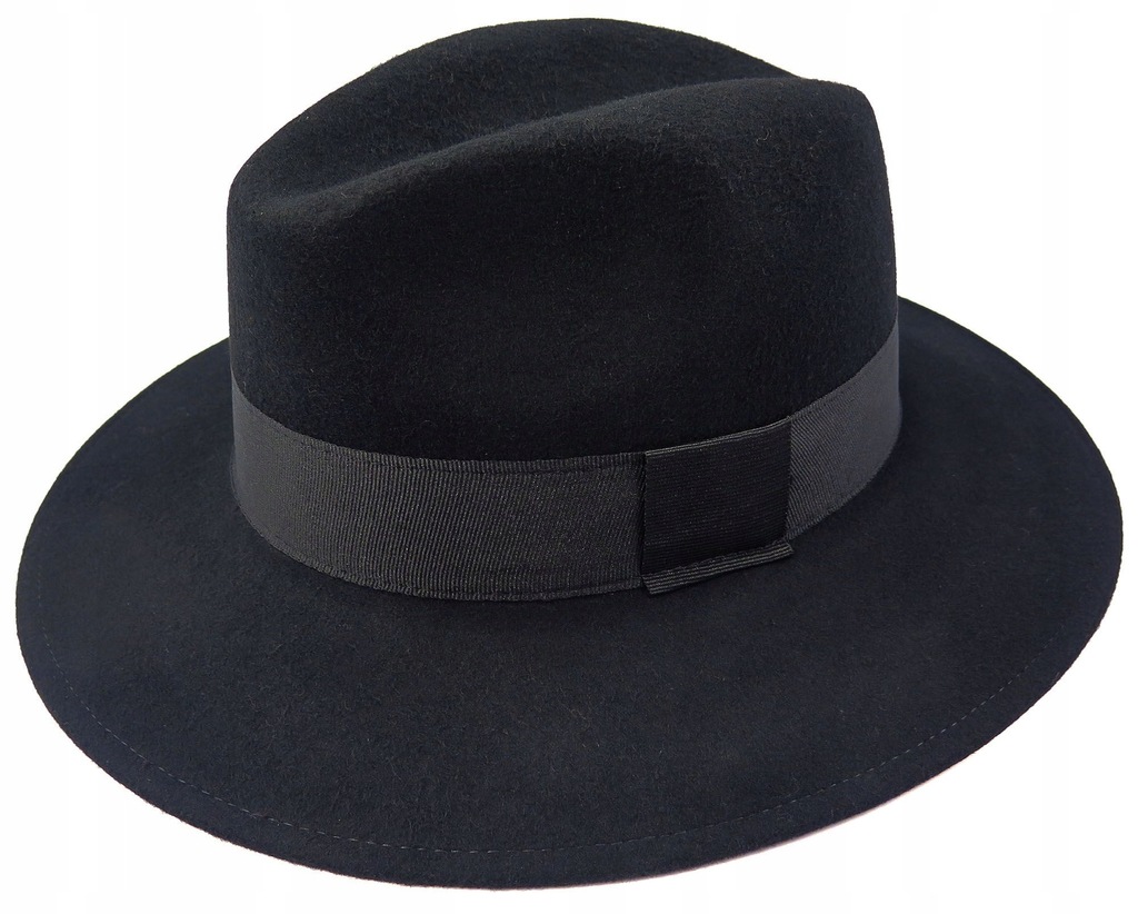 Czarny szeroki kapelusz męski G2 r.55 Wełna Fedora