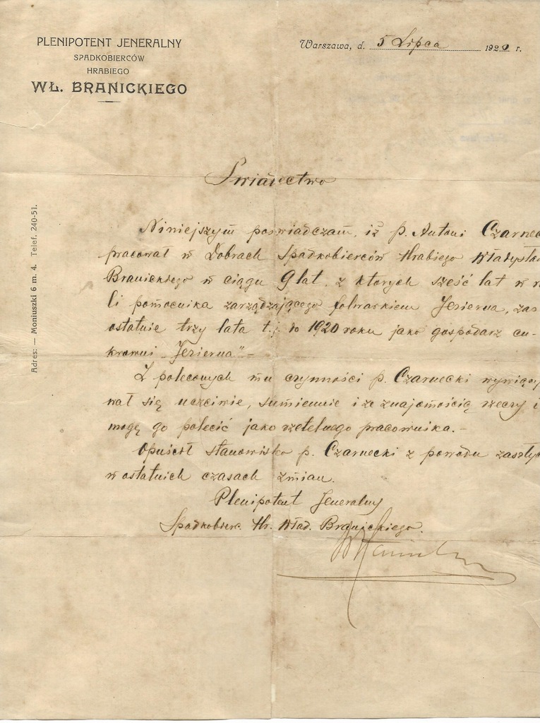 BRANICKI HRABIA CZARNECKI HERB 1920