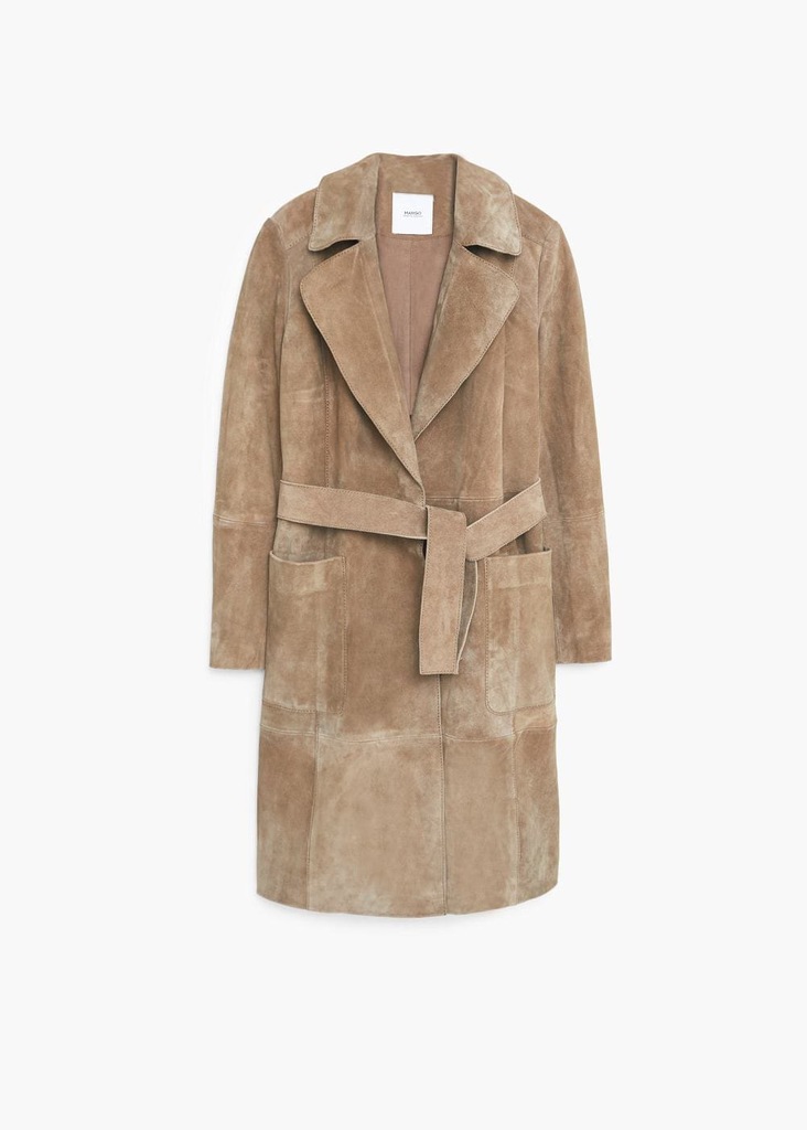 MANGO Suit skórzany zamszowy płaszcz trencz camel