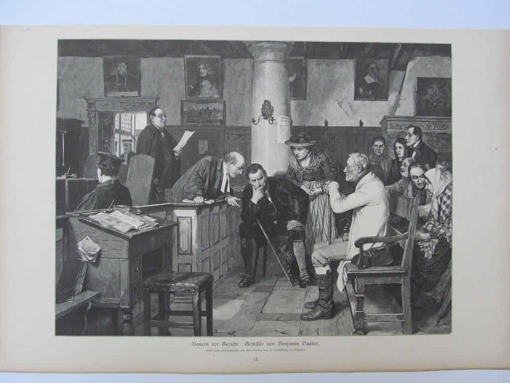 PRAWO SALA SĄDOWA ROZPRAWA drzeworyt 1883 r.