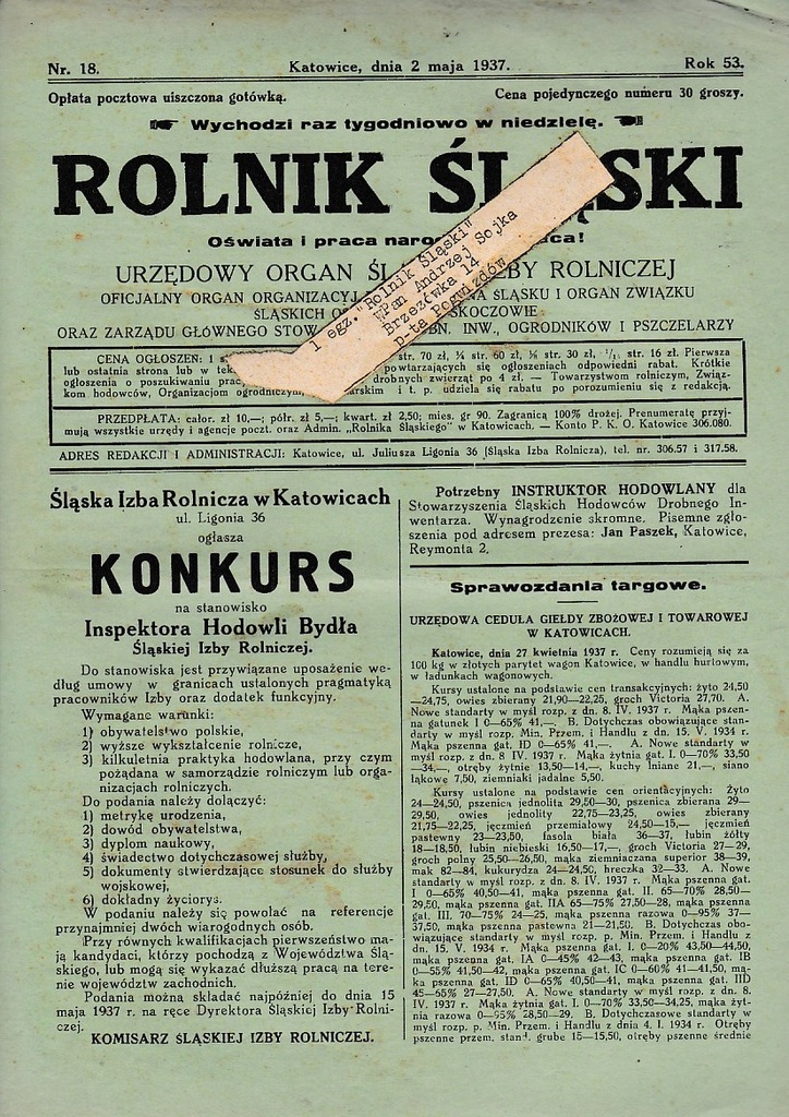 ROLNIK ŚLĄSKI 1937 18 Mikołów