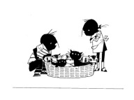 Pocztówka - Dzieci i kocia rodzina w koszu / Julek i Julka