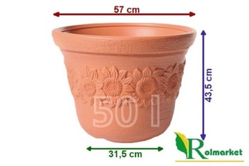 БОЛЬШОЙ НИЗКИЙ ЦВЕТОЧНЫЙ ГОРШОК SUNNY Terracotta 50л, массивный садовый, ДЛЯ ЦВЕТОВ НА ТЕРРАСЕ