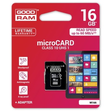 ОРИГИНАЛЬНАЯ КАРТА ПАМЯТИ GOODRAM microSDHC 16 ГБ, класс 10 UHS, 1 БЫСТРЫЙ APAPTER