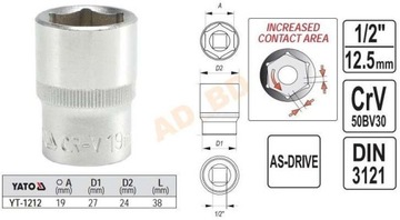 Головка шестигранная короткая 19 мм 1/2 YATO YT-1212