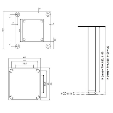 НОЖКА СТОЛА ALU INOX ДЛЯ МЕБЕЛИ 60x60x710 мм