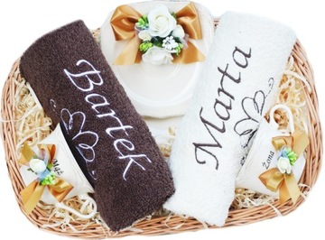 For a gift wedding thick towels with embroidery cups, фото