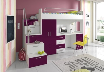Bunk bed raj ivs - table+ cabinet+ steps - facades purple gloss, фото