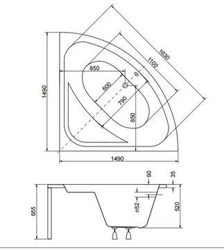 BESCO LUKSJA УГЛОВАЯ ВАННА 150x150 КОРПУС СИФОНА