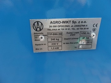 Бетономешалка 320 ЛИТРОВ AGRO WIKT BWA-200/230В 3М