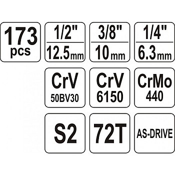 НАБОР ИНСТРУМЕНТОВ 1/4' 3/8' 1/2' 173шт YT-38931