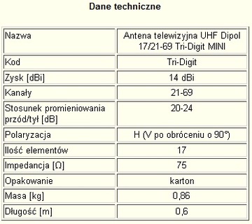 NAJMOCNIEJSZA ANTENA DVB-T Tri-Digit MINI +Kabel+F