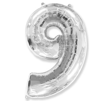 Balon foliowy Srebrny 85cm cyfra 9 URODZINY BALONY