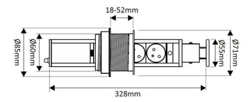 Удлинитель, спрятанный в столешнице, с USB INOX