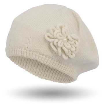 W339B Beżowy Damski modny beret z kwiatkiem