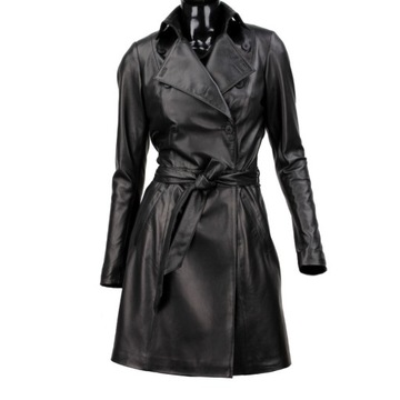 Dvojradový čierny Dámsky kožený kabát zviazaný v páse DORJAN WIA450 XXL