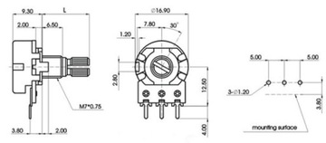 B10k Линейный поворотный потенциометр 10 кОм (0896a)