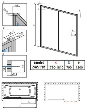 RADAWAY VESTA DWJ 180 Дверь для ванны, прозрачное стекло