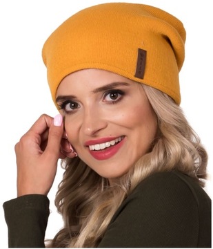 DAMSKA podwójna zimowa CZAPKA beanie MUSZTARDA V1