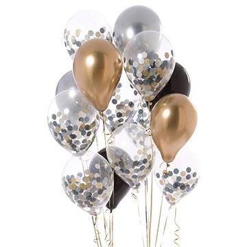 Balony 14szt Złote Srebrne czarne Konfetti ZESTAW