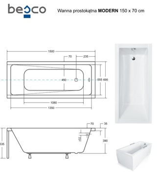 ВАННА 150x70 корпус каркас ножки сифона MODERN