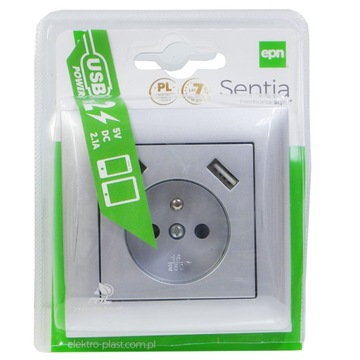 Sentia Одиночная розетка 16А USB 2x2,1А 5VD рамка