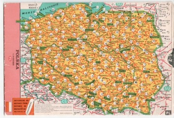 Samochodowa mapa Polski z odległościami miast PRL