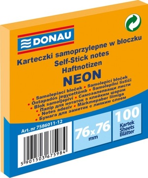 KARTECZKI SAMOPRZYLEPNE 76x76 DONAU NEON POMARAŃCZ