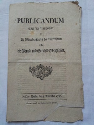 1786 Edykt przeciw buntom Druk z Głogowa Glogau