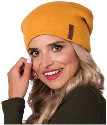 DAMSKA podwójna zimowa CZAPKA beanie MUSZTARDA V1
