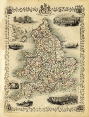 ANGLIA Londyn Oxford WALIA mapa ilustrowana płótno