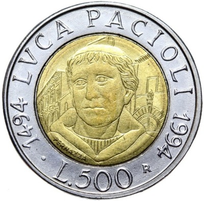 Włochy - 500 Lir Lirów 1994 - LUCA PACIOLI 1494-1994 - BIMETAL - Rzym