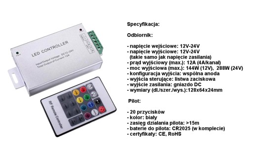 Sterownik RGB RF radiowy pilot 20 p. do taśmy RGB
