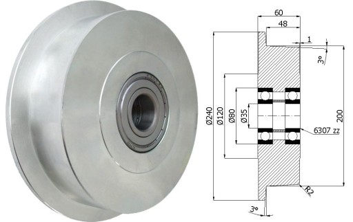 КОЛЕСО fi 240/200 С ФЛАНЦЕВЫМ РЕЛЬСОМ КОЛЕСА 1500 кг