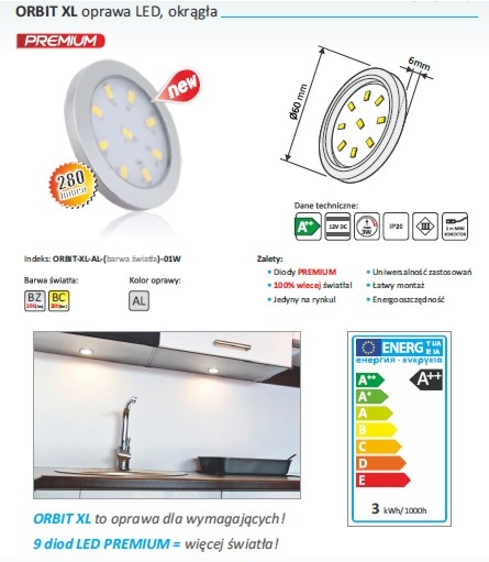 Oprawa meblowa LED ORBIT XL 3W CZARNA zimna