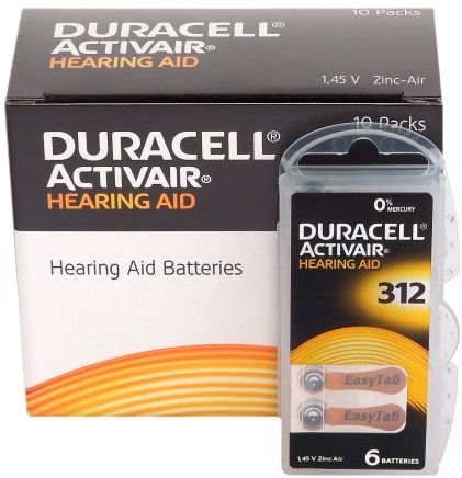 60 батареек для слуховых аппаратов DURACELL 312 PR41