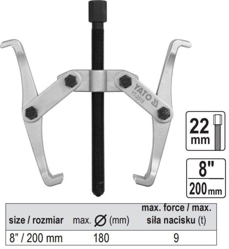 Двузахватный съемник подшипников, усилие прижима 200 мм, 9 т, 8 дюймов YT-2518 YATO