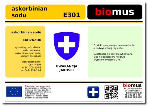 Аскорбат натрия Biomus, 1 кг, витамин С, чистый сорт