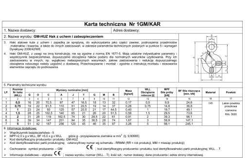 Hak z uchem i zabezpieczeniem - atestowany 3000 kg