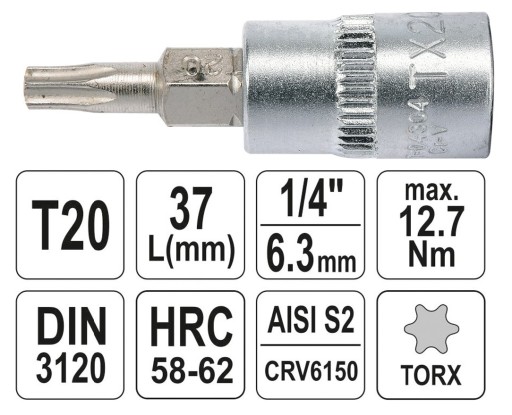 Бит Torx на головке Т20 1/4 дюйма YATO YT-04304