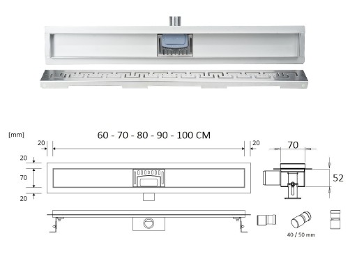 SANITLINE Линейный слив 80см, низкий сифон, 52мм HQ