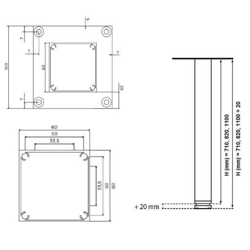 ALU CZARNA NOGA DO STOŁU BLATU MEBLOWA 60x60x710mm