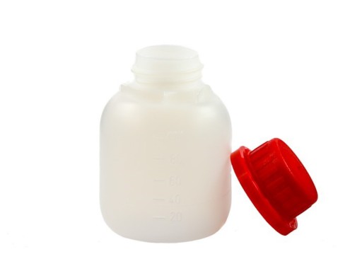 Butelka HDPE 100 ml z nakrętką z plombą czerwona