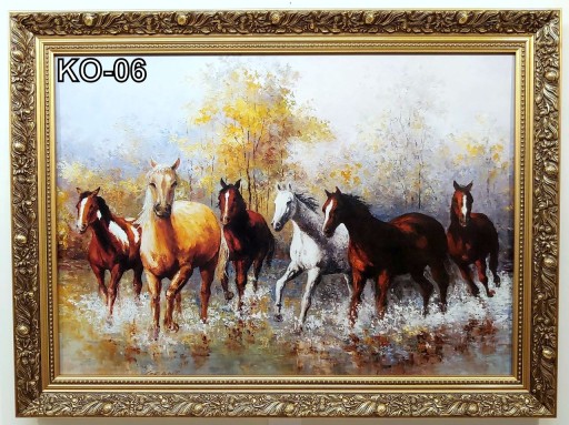 KONIE 80X60 CM OBRAZ W ZŁOTEJ RAMIE