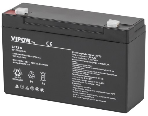 AKUMULATOR ŻELOWY 6V 12Ah VIPOW BEZOBSŁUGOWY
