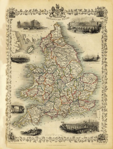 ANGLIA Londyn Oxford WALIA mapa ilustrowana 1851