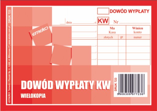 KW Dowód wypłaty DRUK czerwony EMEKO A6 723 ŁÓDŹ